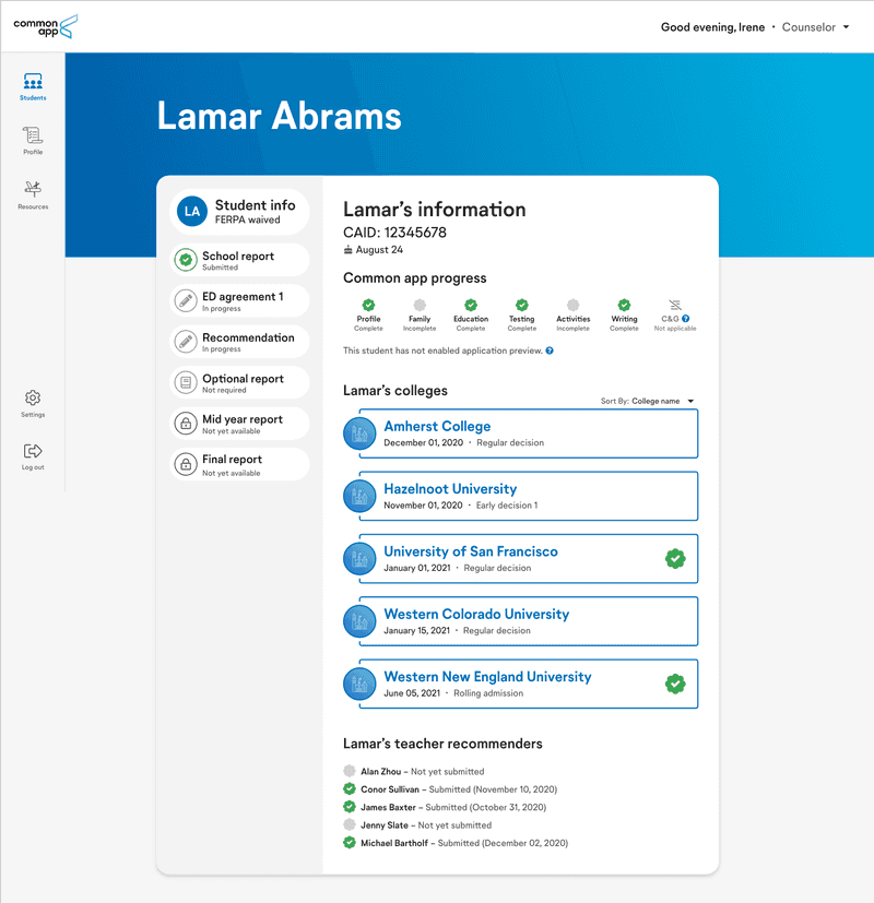 Student information view Common App recommender system