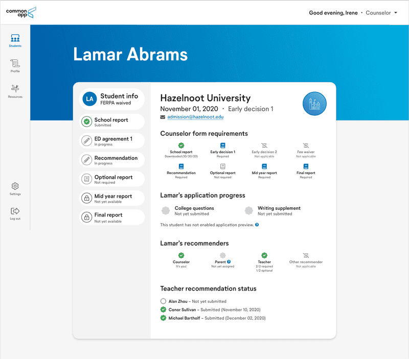 College information view Common App recommender system